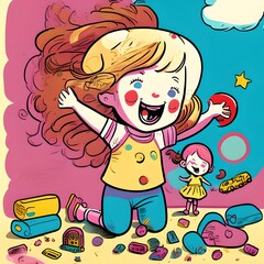 Fototapeta premium Cheerful Little Girl Playing with Toys, Cartoon Drawing, Generative AI Illustration