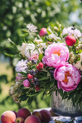 Country life, garden and floral decor, peony flowers bouquet in the countryside, country cottage style, generative ai