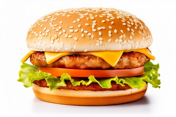 Perfect chicken burger isolated on white background, post-processed, generative ai