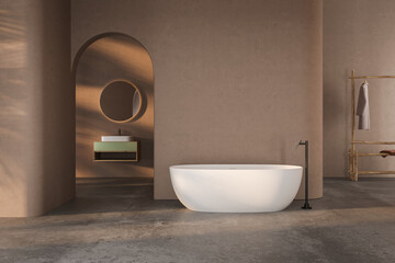 Soft natural light blended with natural materials for a relaxing and sophisticated minimal bathroom has marble basin, oval mirror, toilet, bidet, arch, trend. 3d rendering