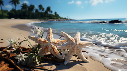 Fototapeta na wymiar Two starfish and shells on an empty beach, in the style of exotic fantasy landscapes