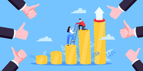 Business mentor helps improve career and money stacks growing. He holds stairs steps vector illustration. Mentorship, upskills, climb help self development strategy flat style design business concept.