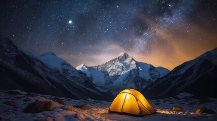 tent in the mountains at night and the milky way  - obrazy, fototapety, plakaty