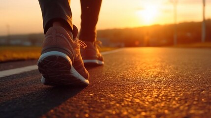  Walking on the road with beautiful sunrise, early sport morning concept, fitness workout training. AI generated
