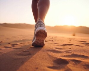  Walking on the desert with beautiful sunrise, early sport morning concept, fitness workout training. AI generated