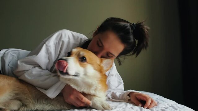 portrait of a girl hugging and kissing her cute curious corgi dog on a white bed