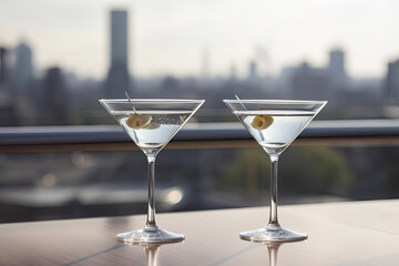 Two glasses of martini with olives on the terrace. Roof bar with city view. Generative AI