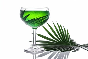 Summer fresh green cocktail isolated on white background with tropical palm leaf. Generative AI