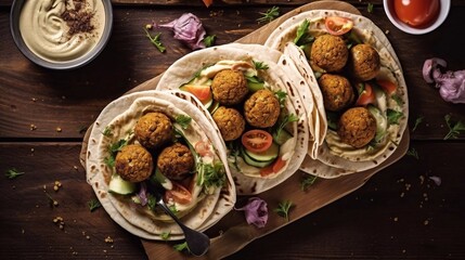 Falafel wraps with vegetables on wooden cutting board.  Top view. AI generated