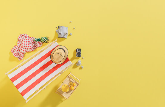 Flat lay Beach chair and travel accessories on yellow background. Summer travel concept.,3d model and illustration.