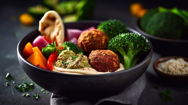 Fried falafel balls with vegetables and hummus in bowl on black background. Healthy food concept. AI generated