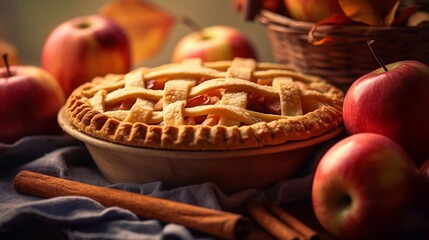  Freshly baked Apple pie on autumn background. Top view. Copy paste space. AI generated - obrazy, fototapety, plakaty