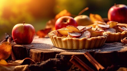  Freshly baked Apple pie with icing sugar on autumn wooden background. Copy paste space. AI generated