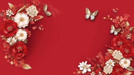 Floral frame border with elegant chinese flowers on red background. Copy space.  AI generated