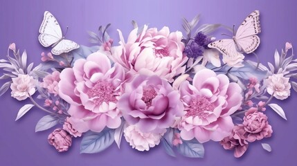 Floral frame border with elegant peony and roses on purple background. AI generated