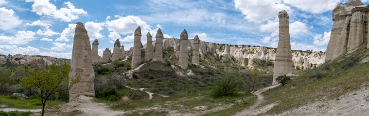 Fototapeta na wymiar Large panoramic view of Love Valley - a valley in Goreme Historical National Park, Cappadocia, Turkey