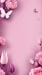 Beautiful  Pink  flowers and butterfly on a pink background.Floral trendy abstract background. AI generated