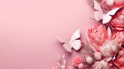Beautiful  Pink  flowers and butterfly on a pink background.Floral trendy abstract background. AI generated