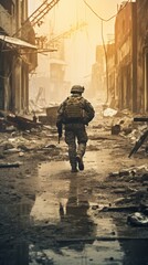 A special forces fighter passes through the affected area. Armed and focused. Generative AI