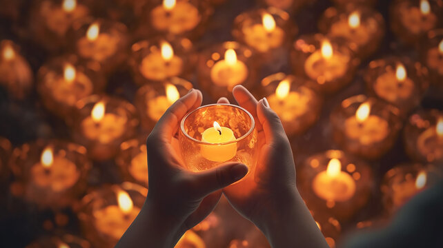 burning candle is held in the hand. the background is a lot of candles burning, grief, a ritual of memory. Generative AI