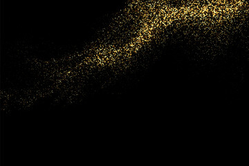 Gold glitter texture on black background. Festive background. Golden explosion of confetti. Design element.