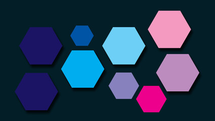 Abstract geometric hexagons colourful shapes isolated dark blue background for graphic design, science and medicine concept, illustration backdrop, cyan, blue, violet, pink