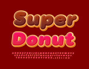 Vector advertising Banner Super Donut. Sweet Alphabet Letters and Numbers. Tasty Cake Font.