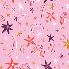 Cute hand-drawn seamless pattern with stars and rainbows on pink background. Vector repeated design for kids fabric.  - 616922221