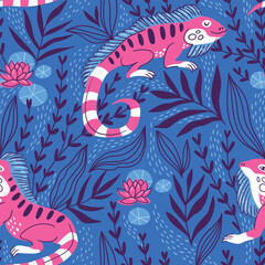 Vector animal seamless pattern with iguana in hand-drawn style. Exotic repeat background in pink and blue colors.  - 616922240
