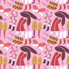 Cute vector seamless pattern  in hand-drawn style.  Legs in fancy pants and salmon. Ornamental socks. Light industry. 