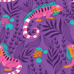 Vector animal seamless pattern with iguana in hand-drawn style. Exotic repeat background in pink and violet colors.  - 616922260