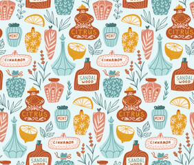 Vector aromatherapy seamless pattern. Essential oils and plants in hand-drawn style. Repeat background fabric design.  - obrazy, fototapety, plakaty