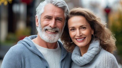 Portrait of happy european couple looking at camera in the city. Portrait of smiling couple standing in street, lifestyle. Cheerful caucasian couple embracing each other. AI Generated.