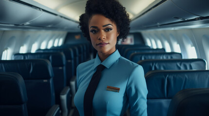 Illustration, AI generation. African American female flight attendant in a blue uniform.