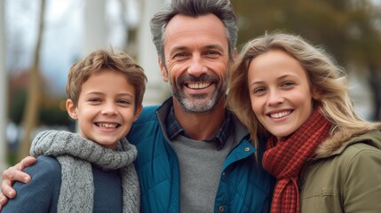 Fototapeta premium Beautiful, happy European family with a kid. Joyful caucasian couple with a small kid in an urban lifestyle. Portrait of a cheerful family looking at the camera and smiling. AI Generated