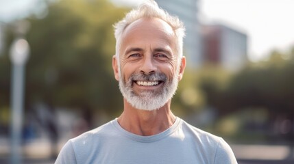 Senior man smiling at the camera outdoors. Close-up portrait of a laughing handsome European man in the city. Middle-aged Caucasian man walking in a city.  AI Generated