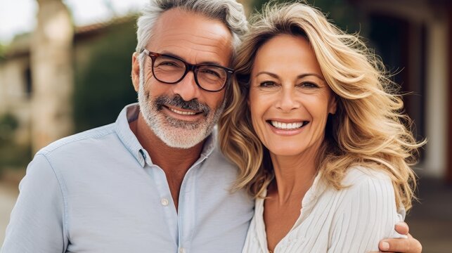 Portrait of happy european couple looking at camera in the city. Portrait of smiling couple standing in street, lifestyle. Cheerful caucasian couple embracing each other. AI Generated.