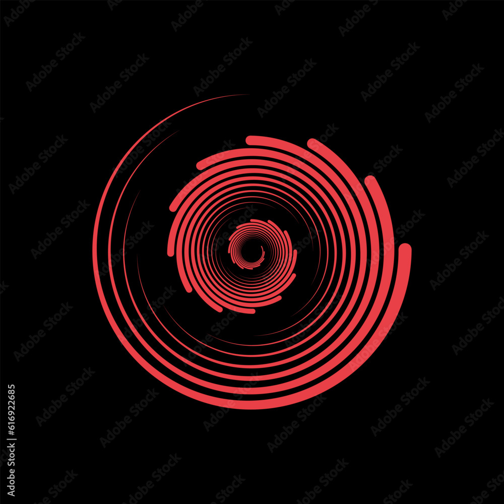 Poster red line swirl pattern logo isolated on black background. spiral vortex striped lines whirl vector i