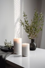 Aroma candle on the table. Warm aesthetic composition with dry flowers. Cozy home comfort, relaxation and wellness concept. Interior decoration mockup