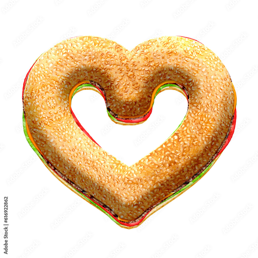 Poster burger 3d heart shape frame. this is a part of a set which also includes letters, numbers, symbols, 