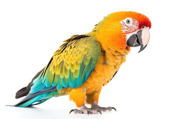 Fototapeta premium Tropical macaw parrot isolated on white background. Generative AI