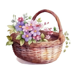 Fototapeta na wymiar Watercolor illustration of a wicker basket with wild flowers