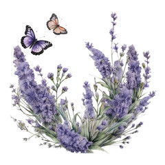 Watercolor illustration of a wreath of lavender with butterflies