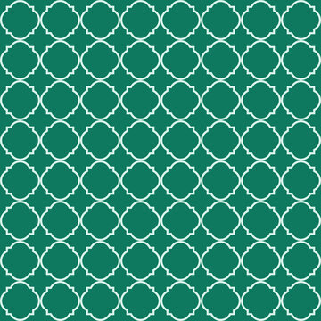 Moroccan Lattice Seamless Pattern in White and Green. Modern Elegant Backgrounds. Classic Quatrefoil Trellis Ornament.