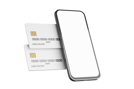 Online payments. Mobile payment concept. Bank card mockup with chip and smartphone. Smartphone white screen. Plastic card for online payments. Blank smartphone screen. 3D render.