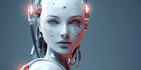 Generative AI. Robot girl  on the blue background. Girl cyborg background 3d concept illustration. Artificial intelligence concept. 