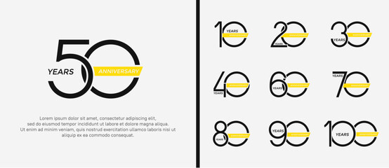 set of anniversary logo black color and yellow ribbon on white background for celebration moment