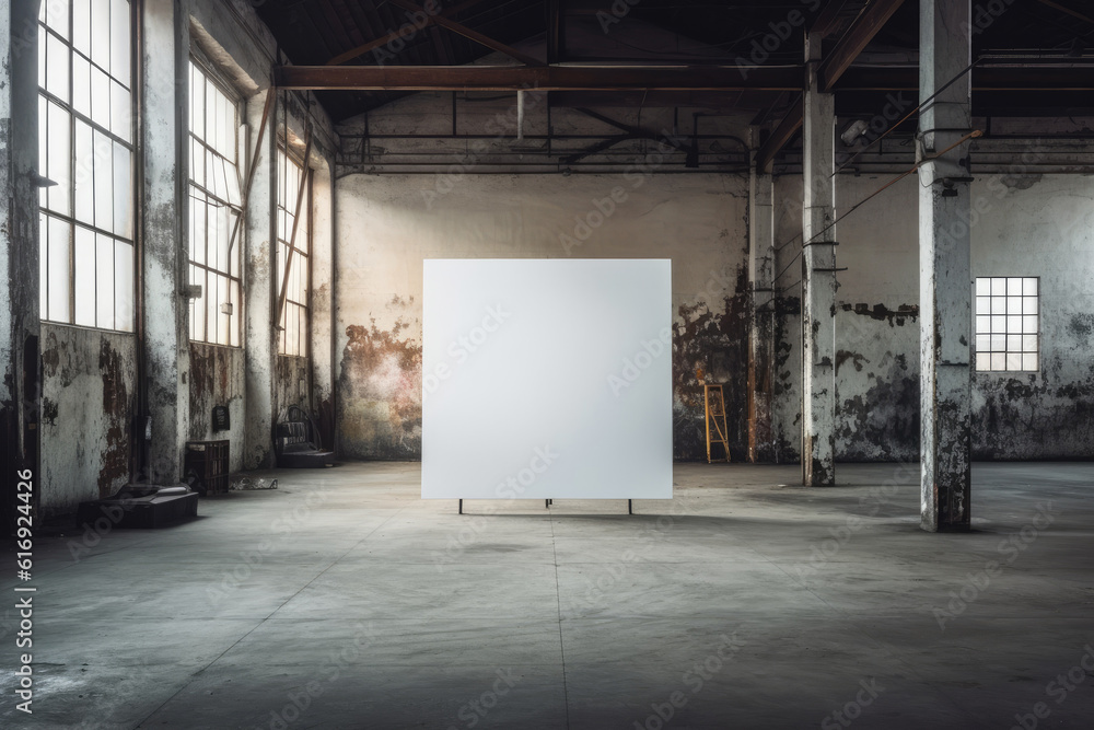 Aufkleber white blank canvas with free space for your design in a factory loft extreme closeup. generative ai
