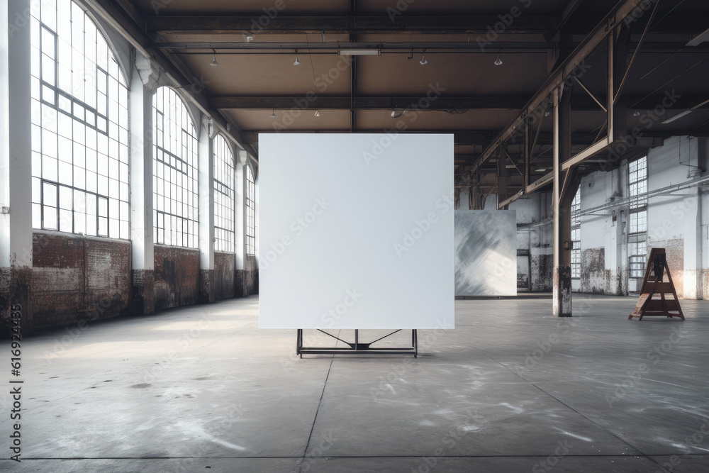 Poster white blank canvas with free space for your design in a factory loft extreme closeup. generative ai