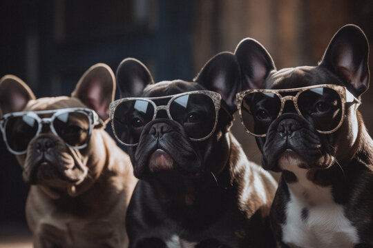 Cute French Buldogs Family in Sunglasses extreme closeup. Generative AI
